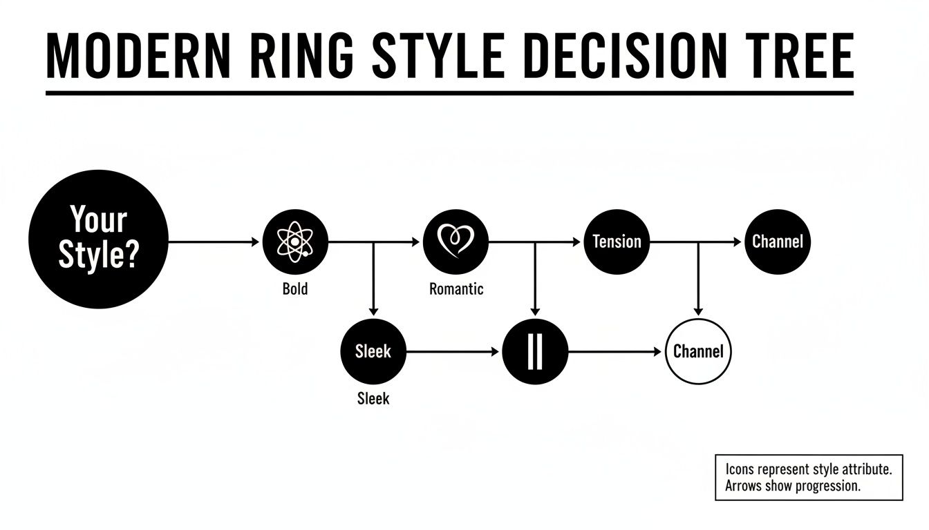 A decision tree illustrating modern ring styles, including Bold, Romantic, Sleek, Tension, and Channel options.