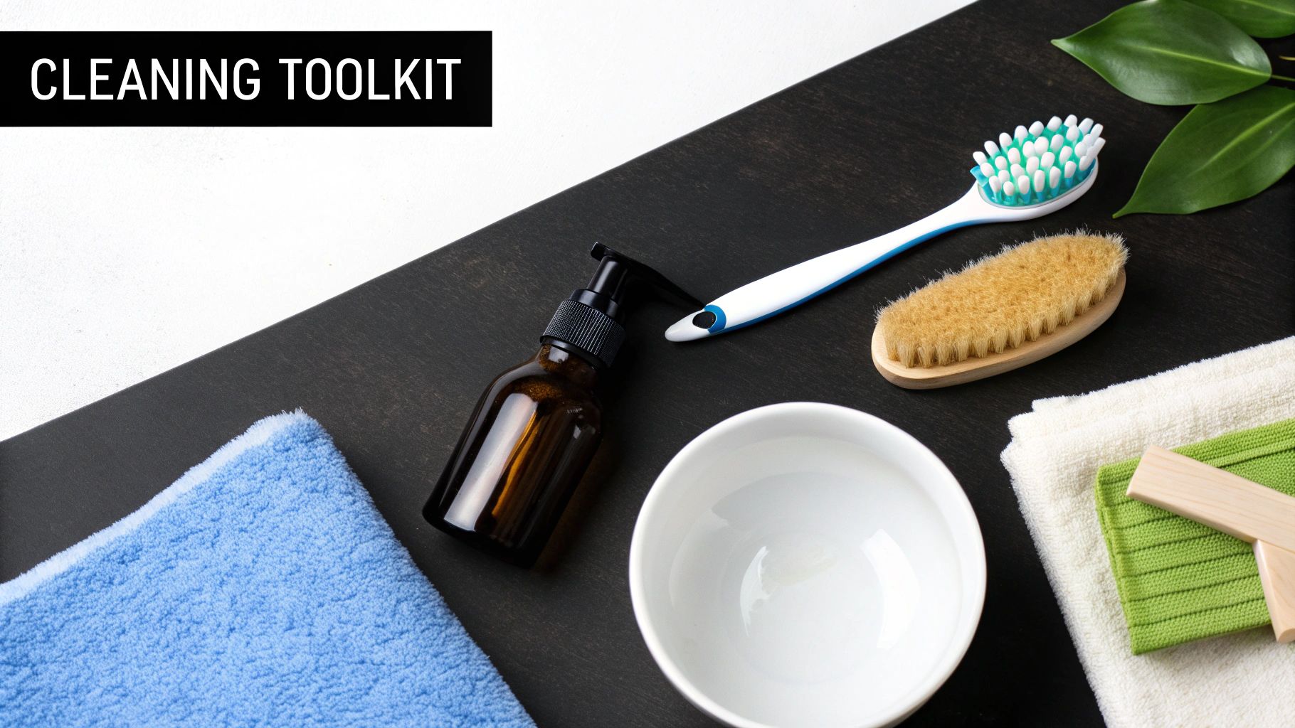 A flat lay of a cleaning toolkit featuring brushes, cloths, a soap bottle, and a bowl.