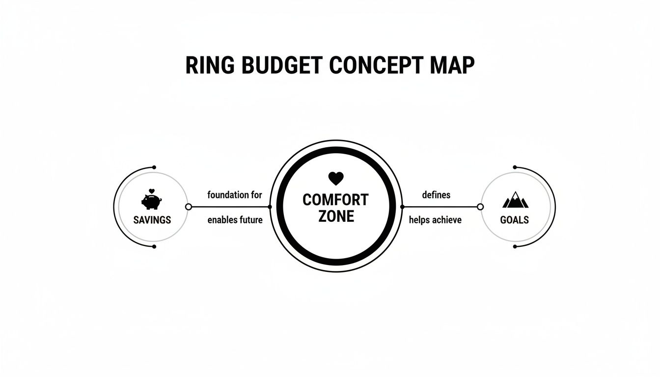 A concept map showing the Ring Budget, connecting savings, comfort zone, and goals with descriptive arrows.