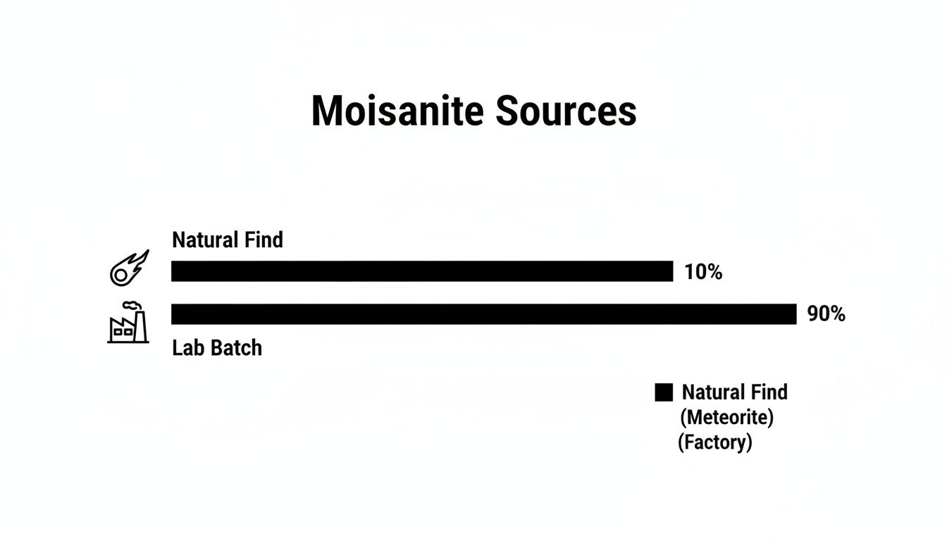Bar chart illustrating Moissanite sources: 10% natural find (meteorite) and 90% lab batch (factory).