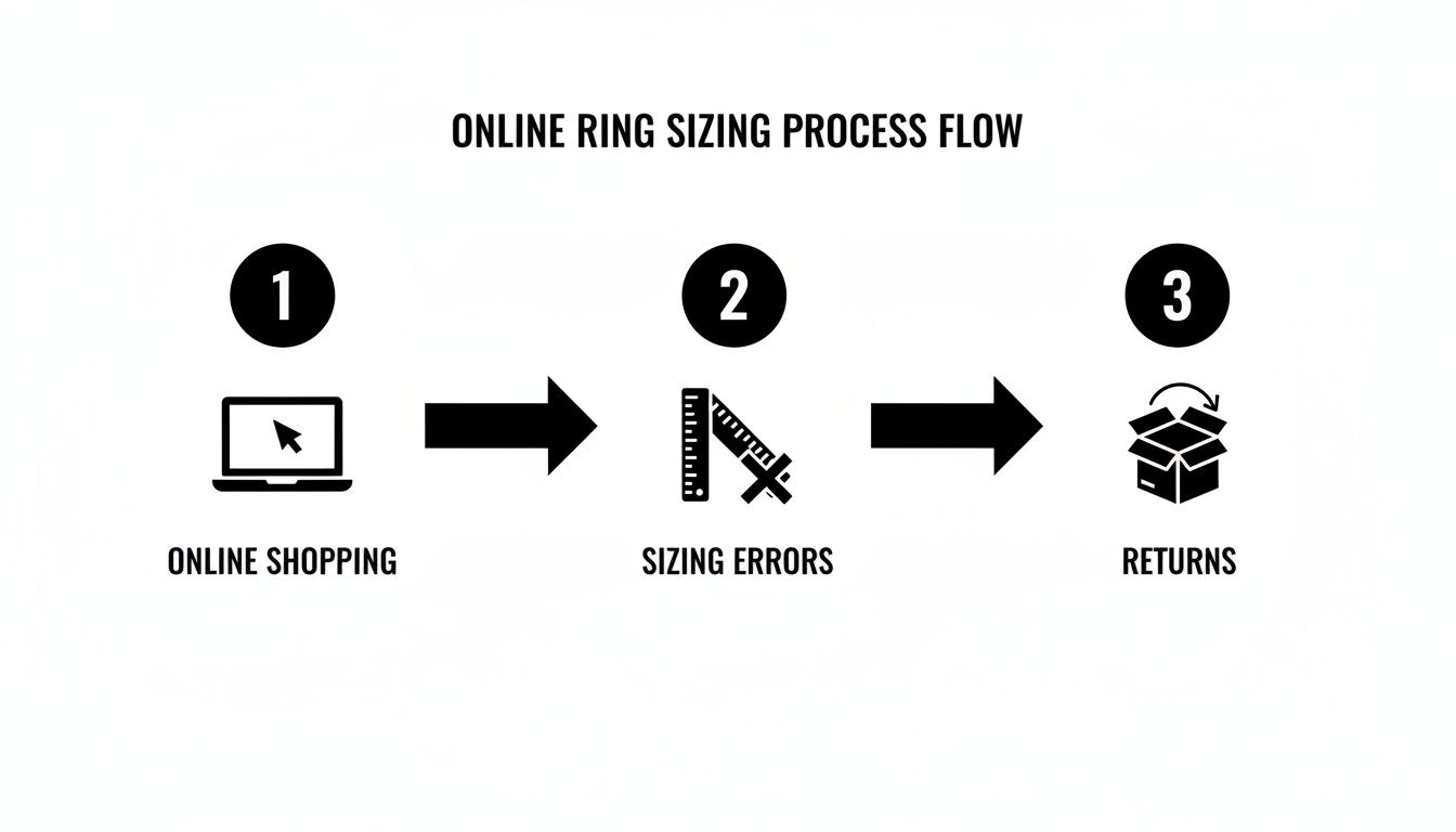 Flowchart illustrating the online ring sizing process, showing shopping, sizing errors, and returns.