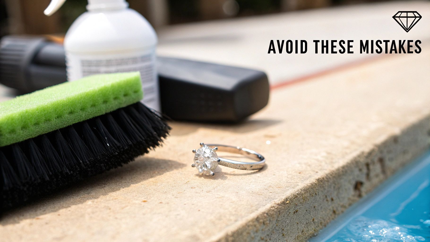A sparkling moissanite ring and cleaning brush by a swimming pool, warning to avoid mistakes.