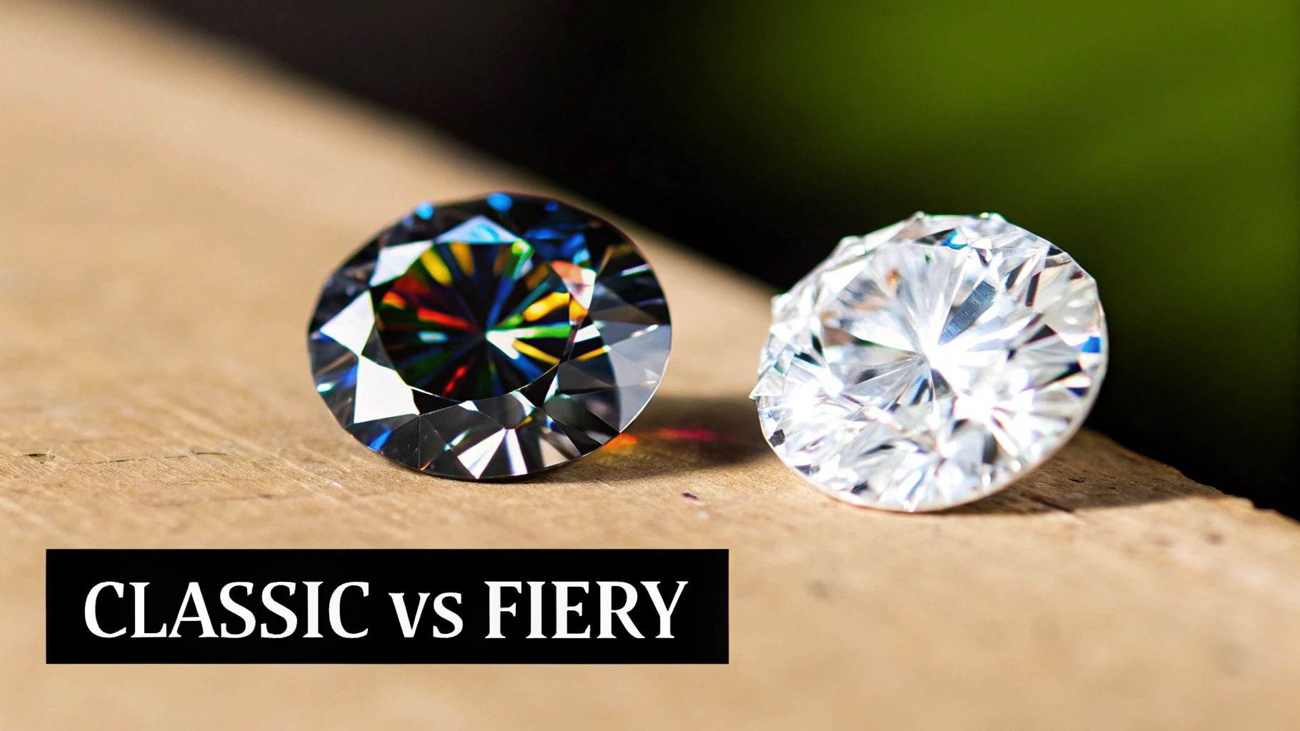 Two sparkling round gemstones: one dark and fiery, one bright and classic, on a wooden surface.