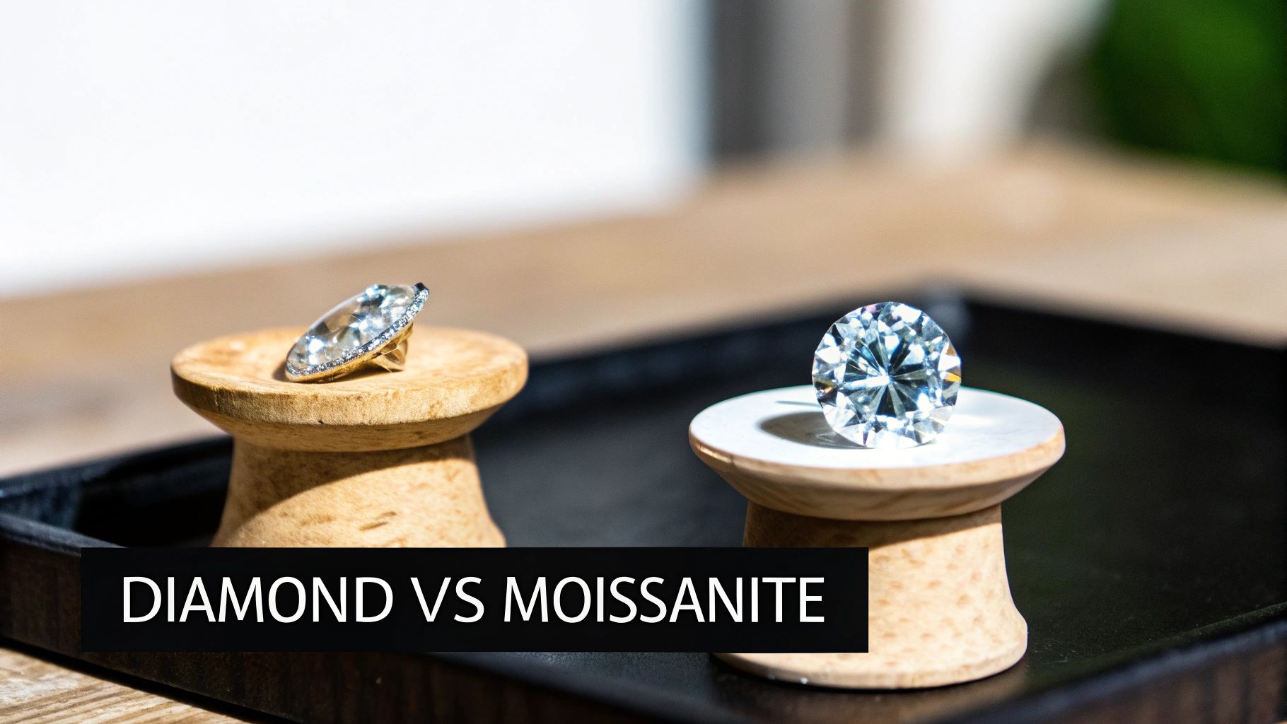 Close-up of a marquise-cut ring and a round brilliant loose gemstone for a diamond vs moissanite comparison.