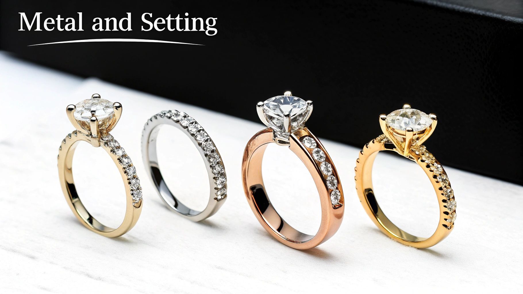 Variety of diamond rings in yellow gold, white gold, and rose gold settings on a white surface.