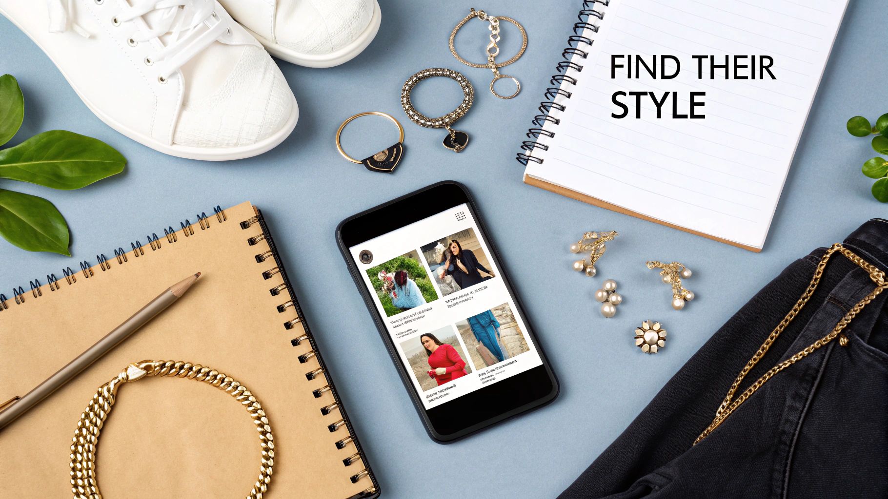 Flat lay of fashion styling essentials: smartphone showing outfit inspiration, notebooks, sneakers, and jewelry.