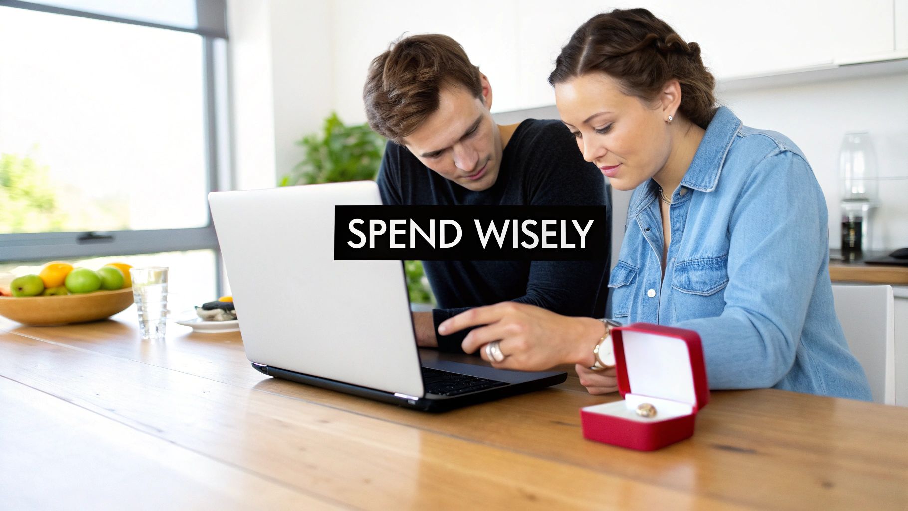 A couple looking at a laptop with an open engagement ring box on the table, text says 'SPEND WISELY'.
