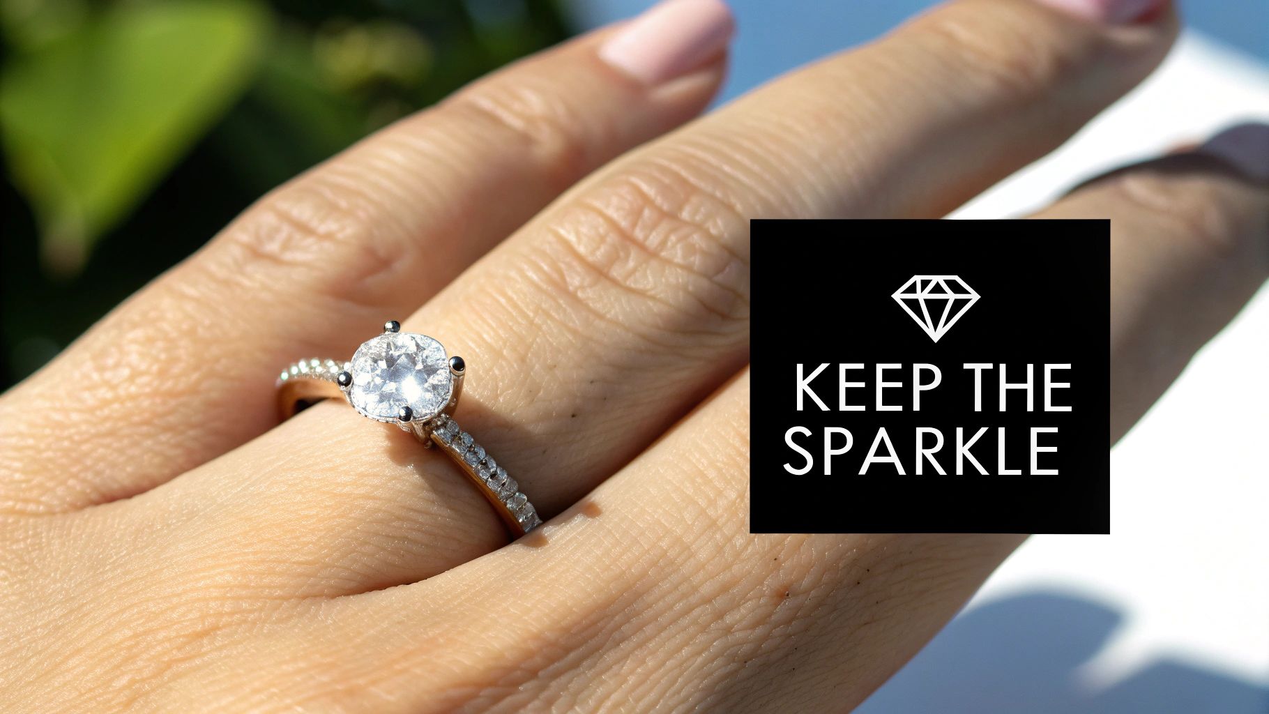 A woman's hand showcasing a beautiful, sparkling moissanite ring with pave diamonds on the band.