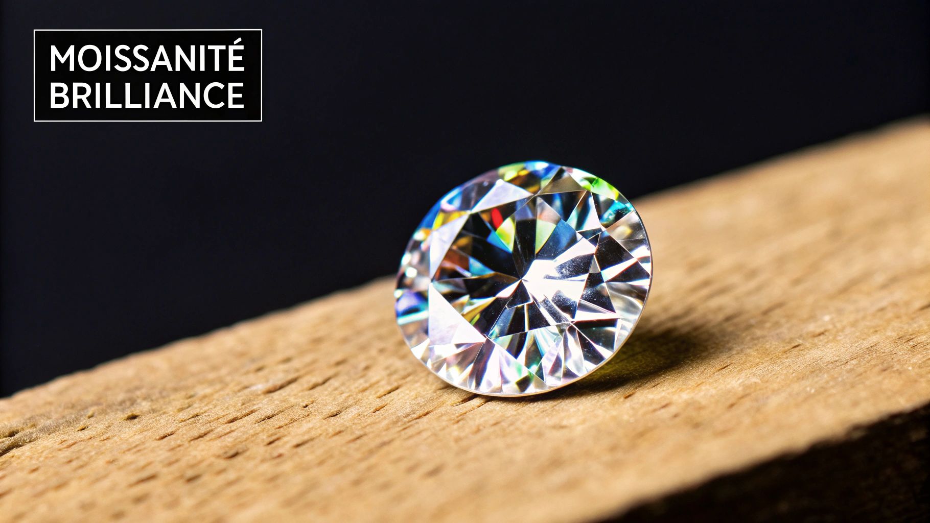 A dazzling round moissanite gem displays vibrant brilliance on a rustic wooden surface with text 'MOISSANITÉ BRILLIANCE'.