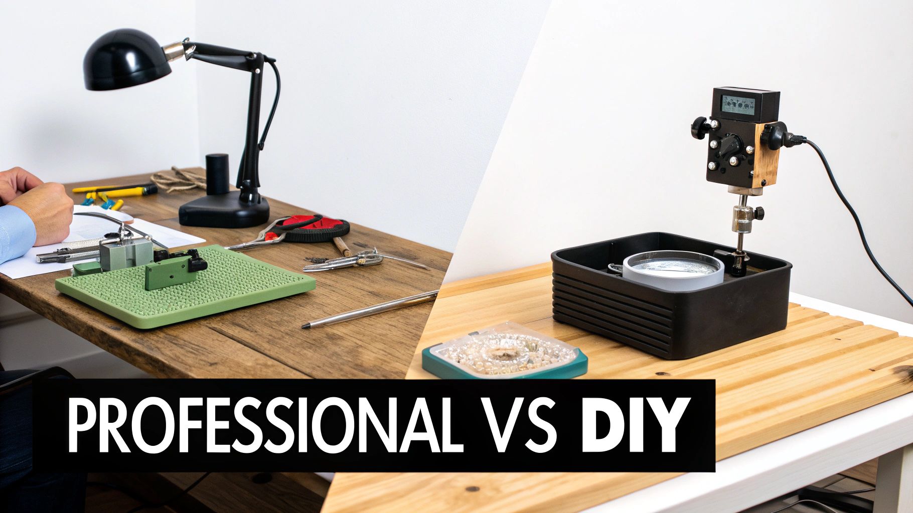 Comparison of a professional jewelry workbench with specialized tools versus a homemade DIY craft station.