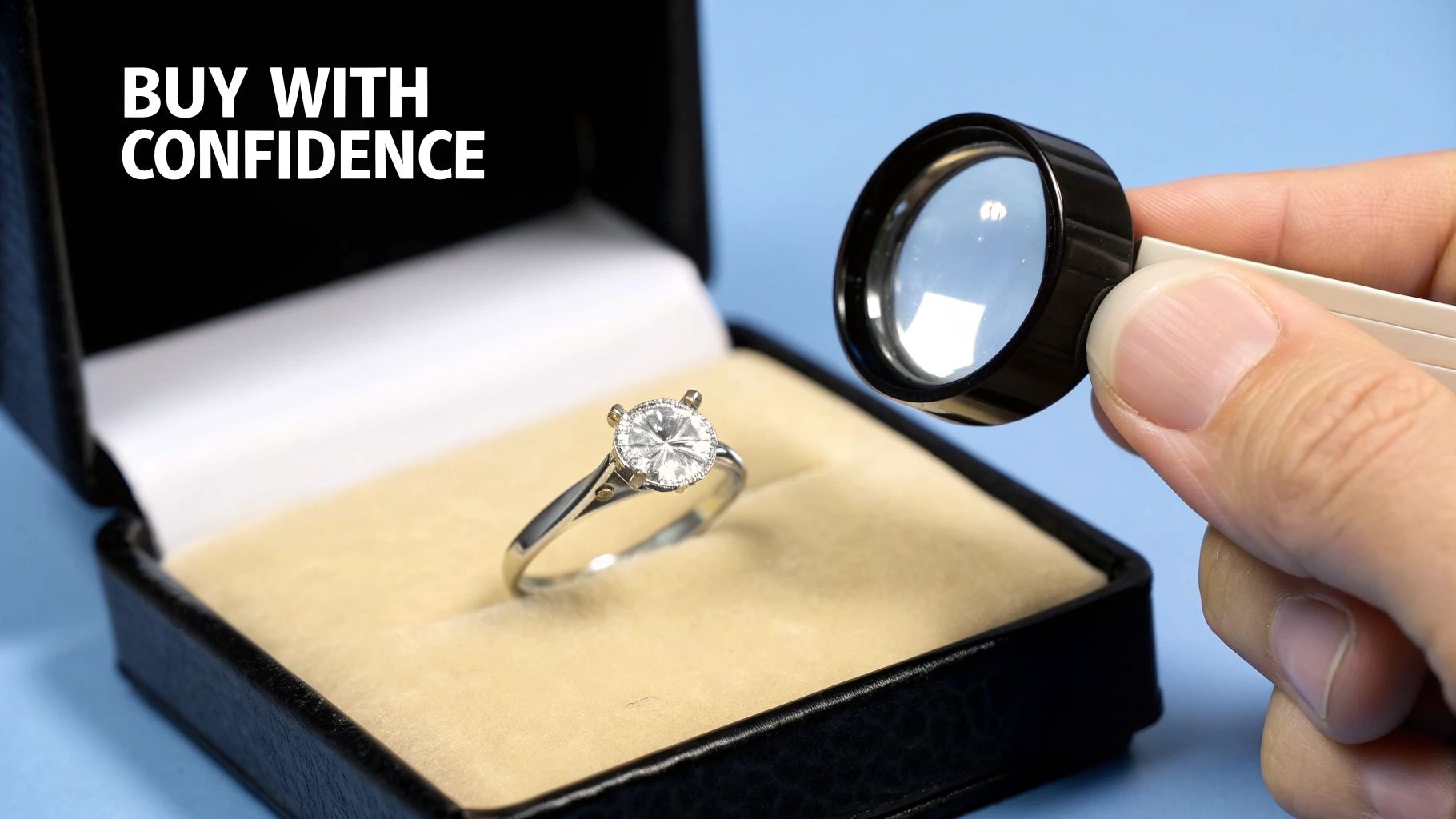 A hand uses a jeweler's loupe to inspect a sparkling diamond ring in an open black box, emphasizing buying with confidence.