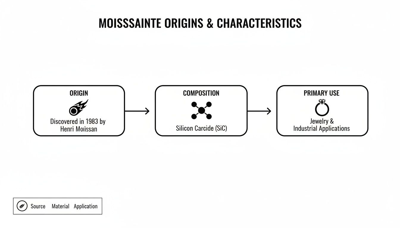A flowchart detailing Moissanite's origin, discovered in 1983 by Henri Moissan, its silicon carbide composition, and primary use in jewelry.