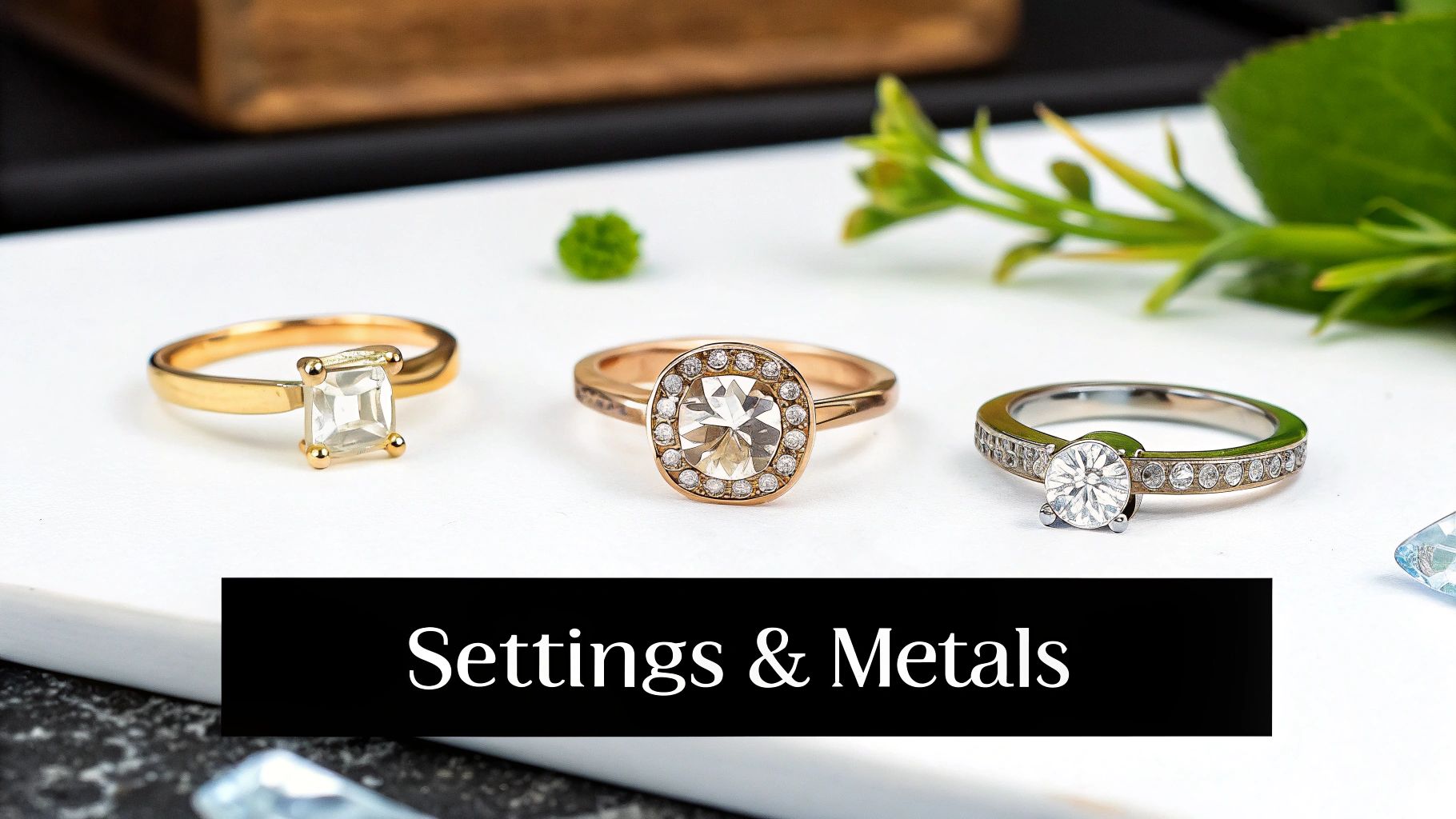 Three beautiful rings showcasing different settings and metal types, displayed on a white surface.