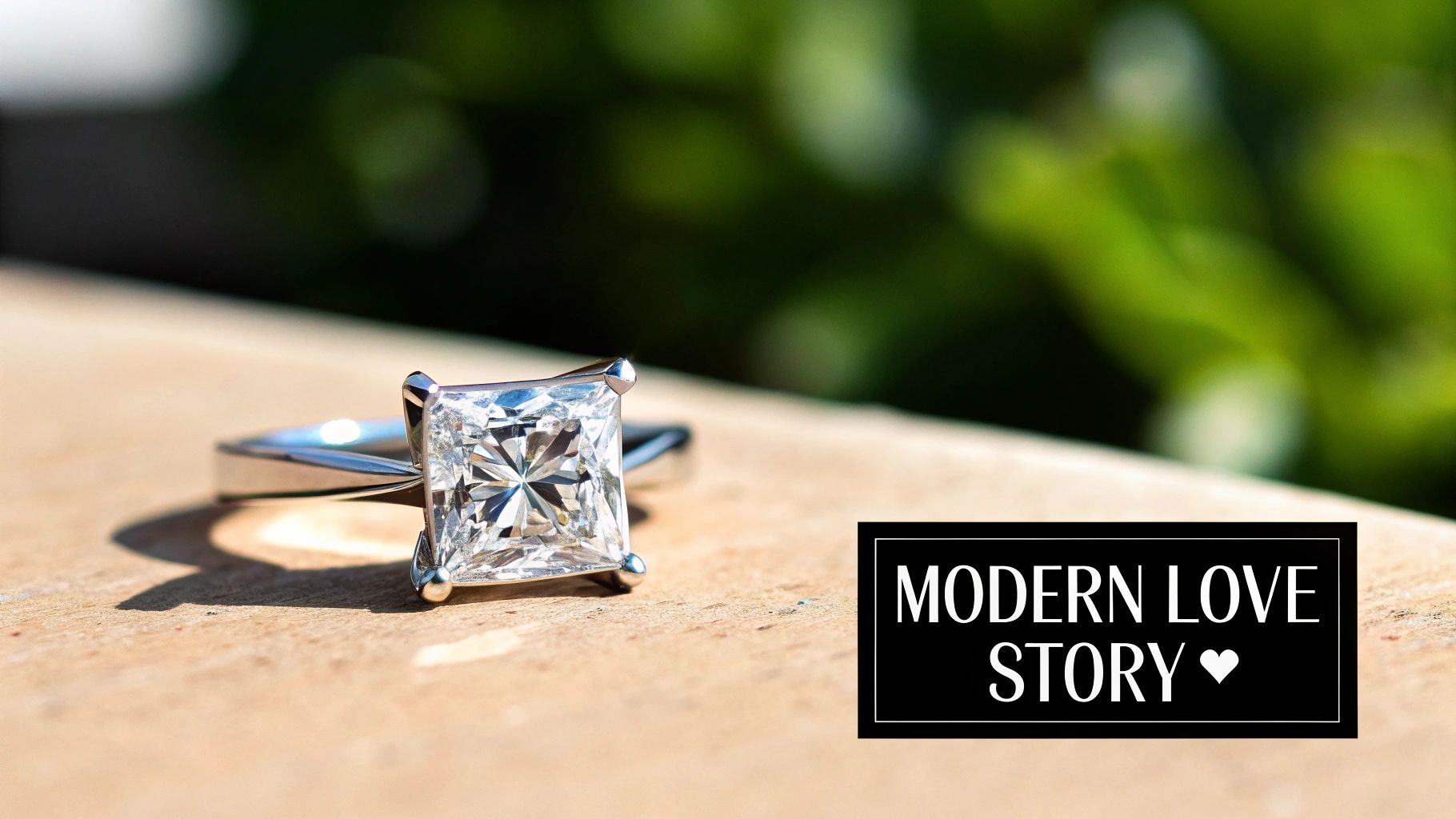 A sparkling princess-cut moissanite engagement ring with a silver band on a light brown wooden surface.