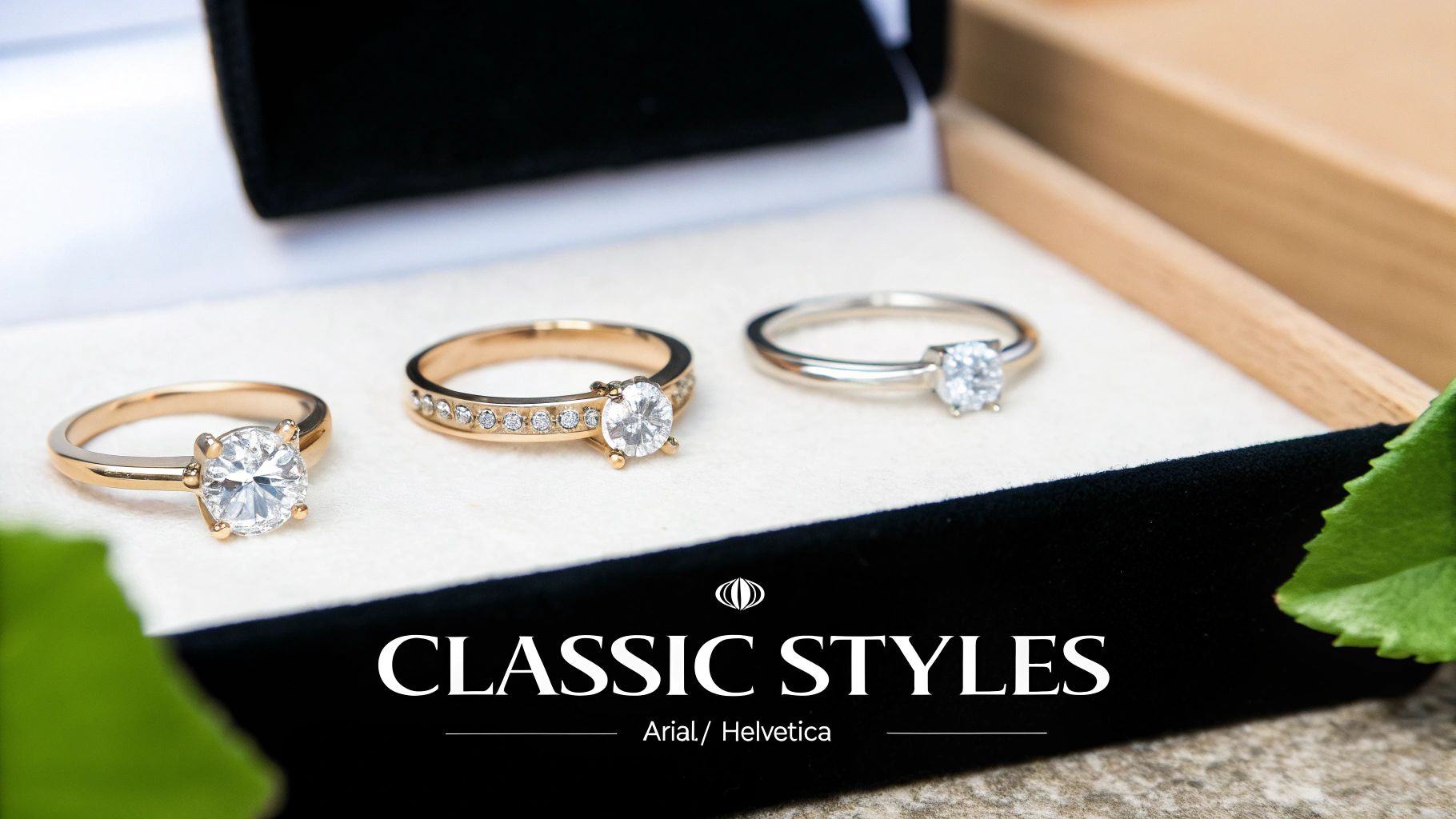 Three classic diamond engagement rings, two gold and one silver, displayed in a jewelry box.
