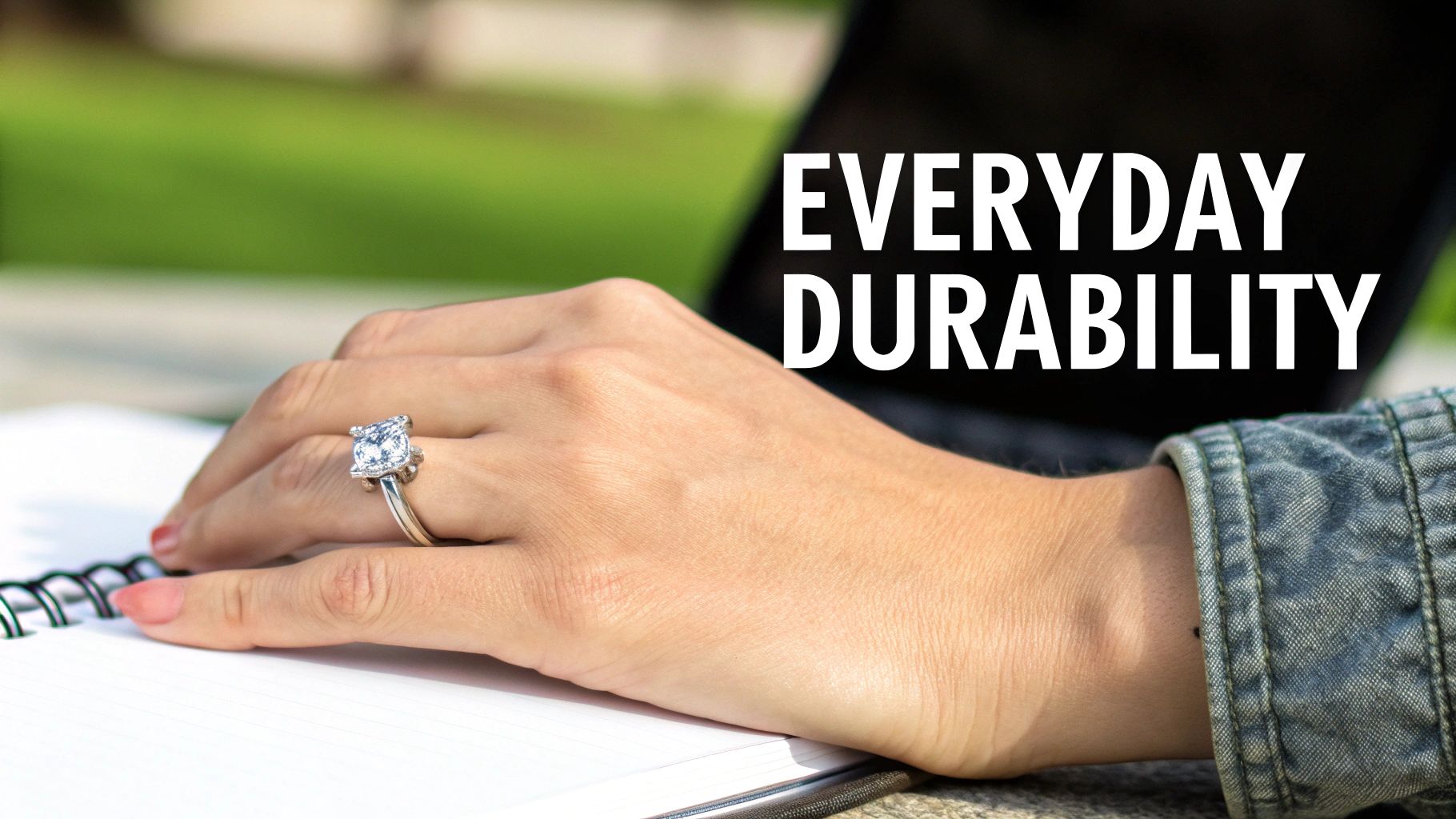 A hand wearing a large, sparkling diamond engagement ring rests on a notebook, with text "EVERYDAY DURABILITY".