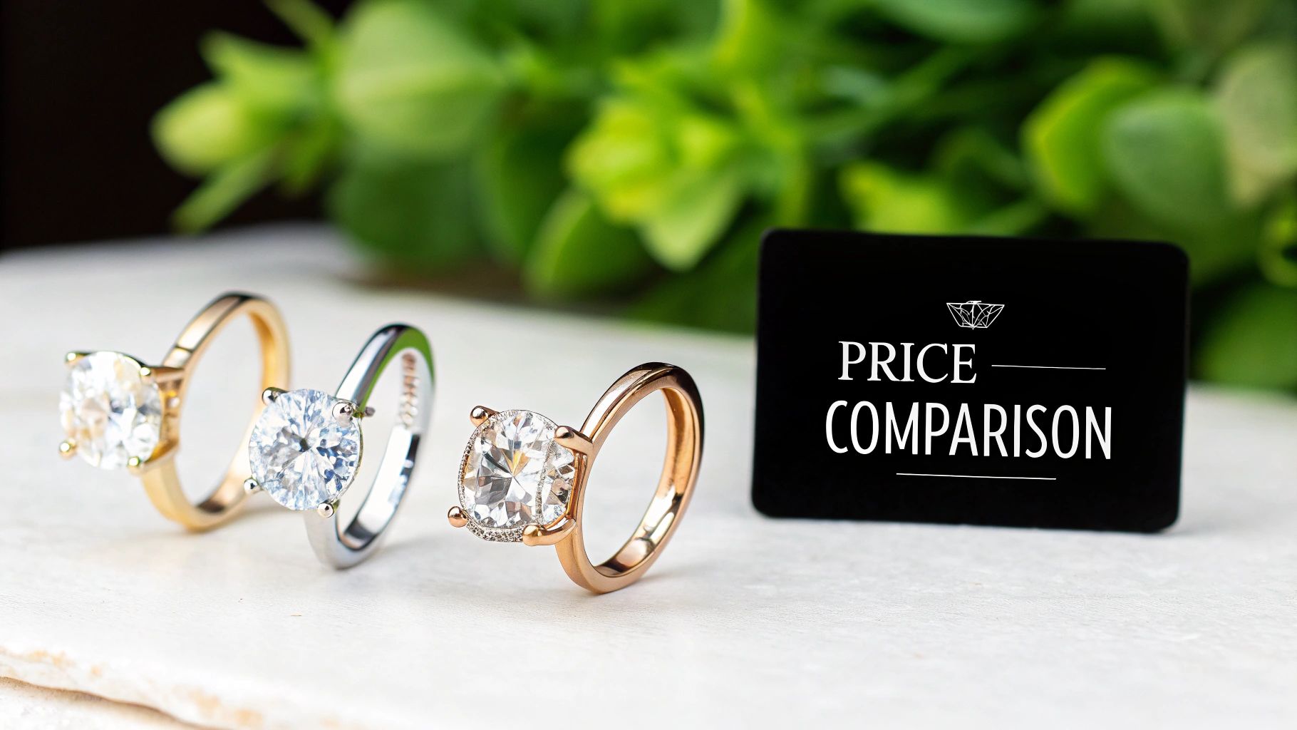Three exquisite diamond rings in gold, silver, and rose gold with a Price Comparison sign.