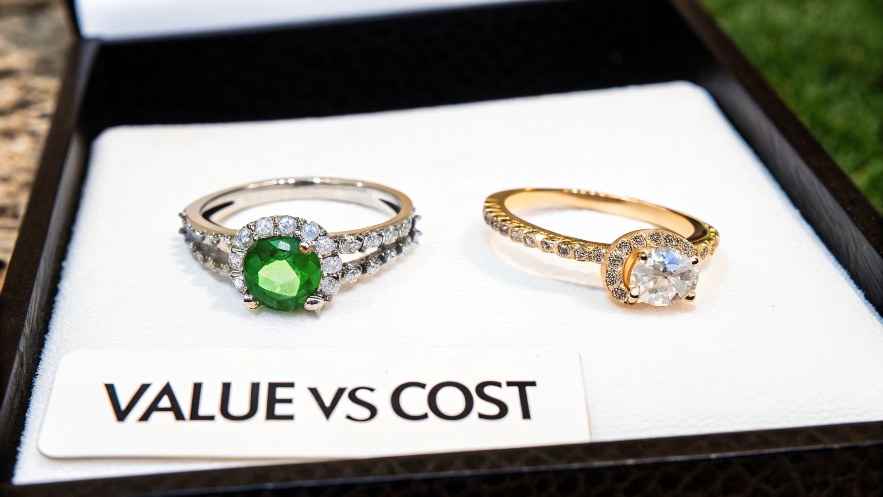 Two elegant rings, one with a green gemstone and another with a clear diamond, displayed in a jewelry box with a "VALUE VS COST" label.