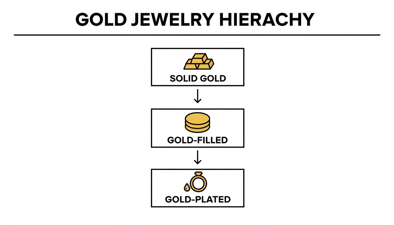 A hierarchy diagram showing three types of gold jewelry: solid gold, gold-filled, and gold-plated.