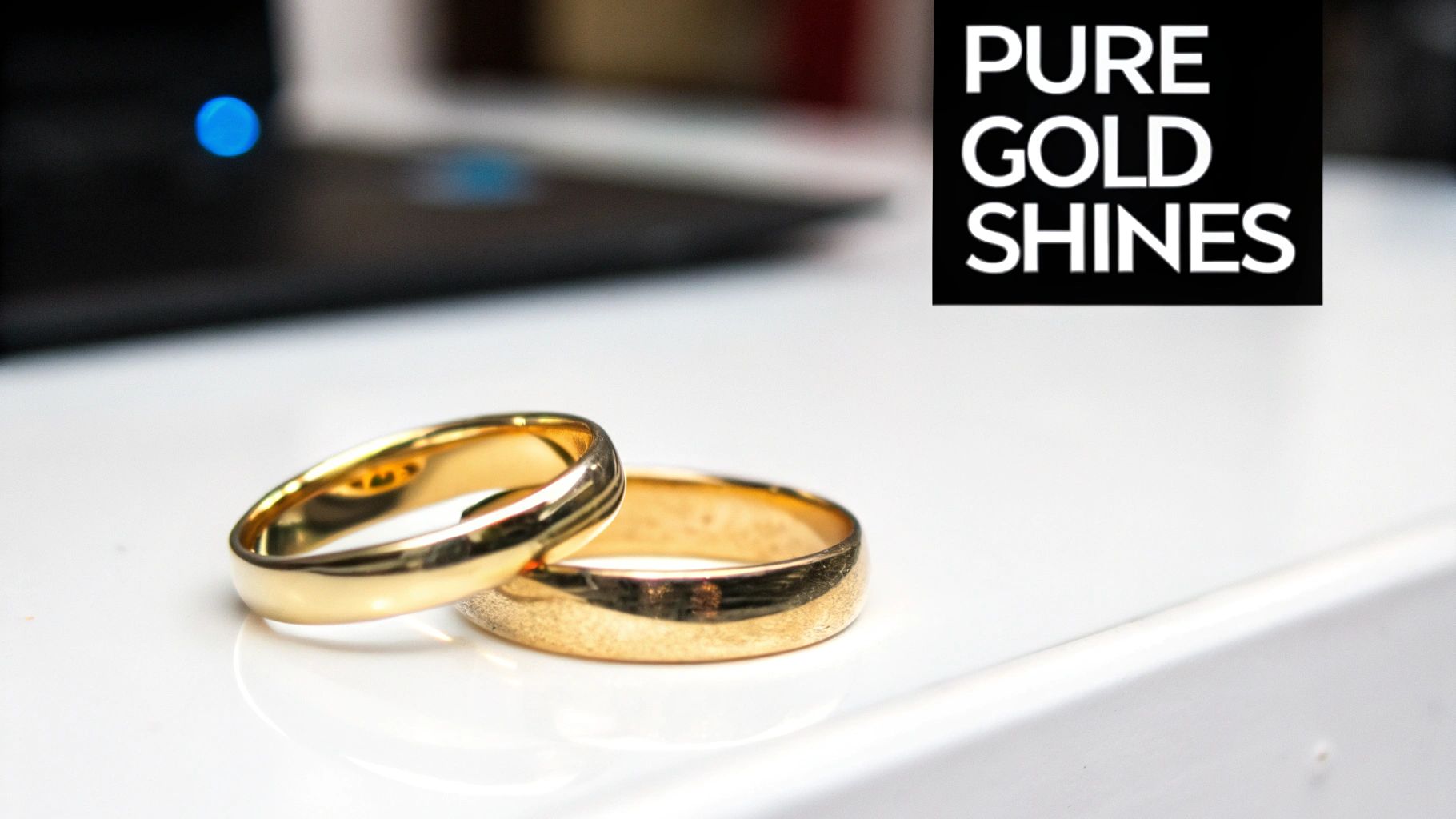 Two gleaming gold wedding bands resting on a reflective white surface, with a blurred background.