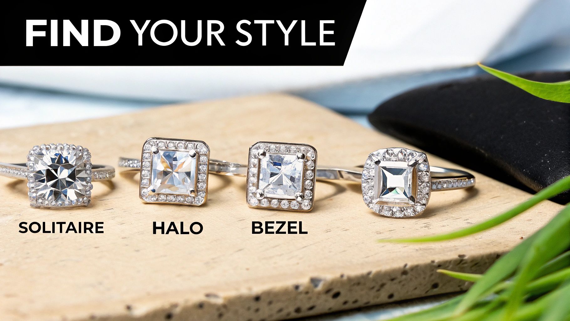 Four sparkling square-cut diamond rings in solitaire, halo, and bezel settings on a wooden surface.