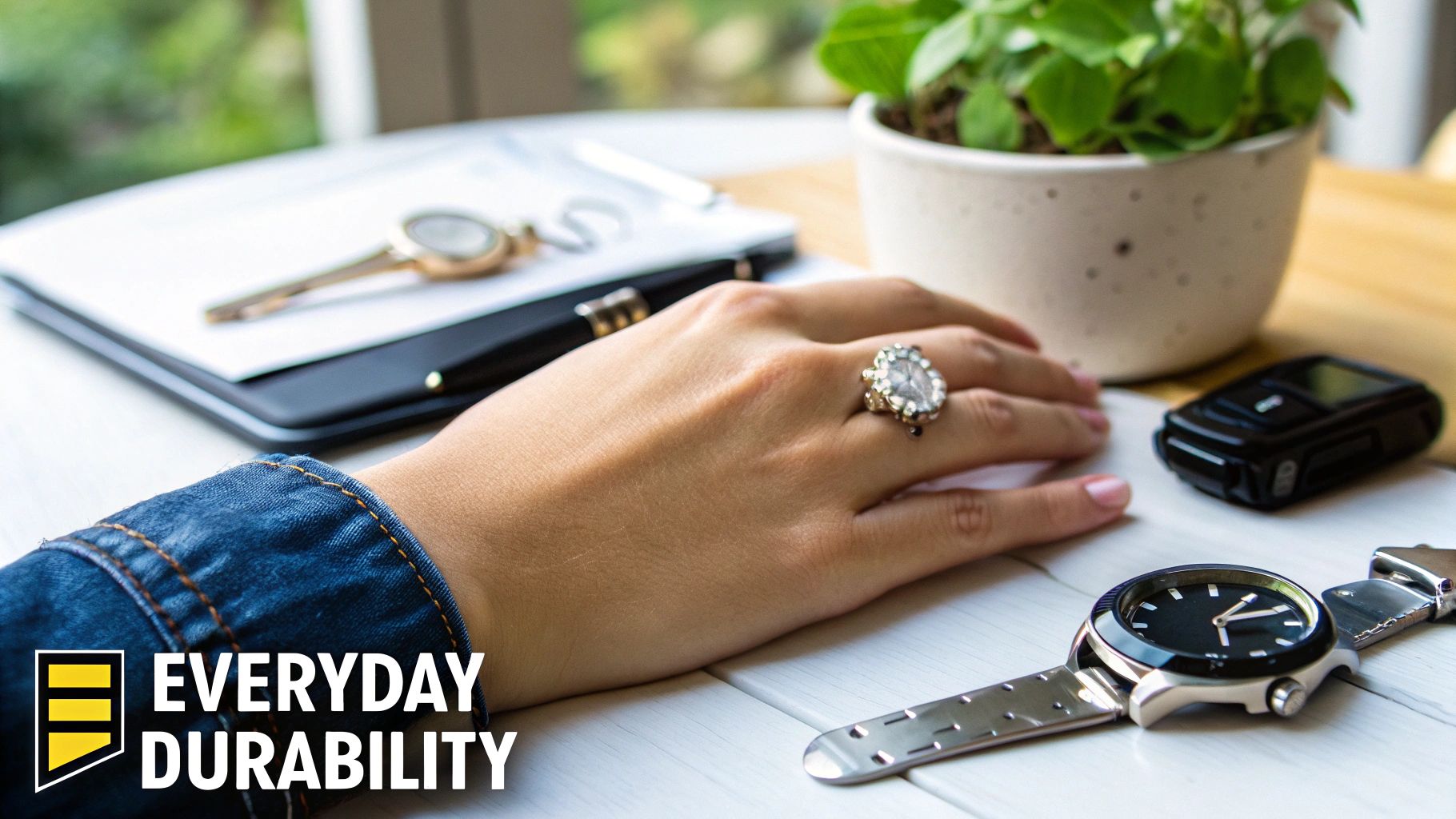 A person's hand with a large ring on a white table next to a watch and other everyday items.