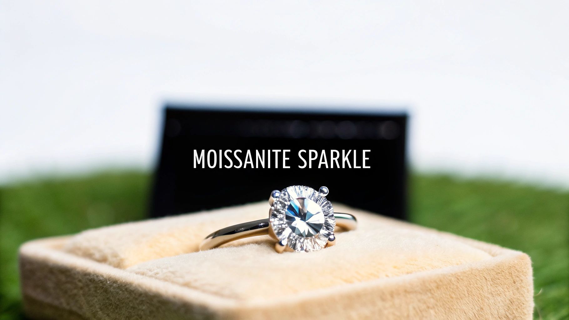 Close-up of a sparkling moissanite engagement ring in a beige velvet box on a green surface.