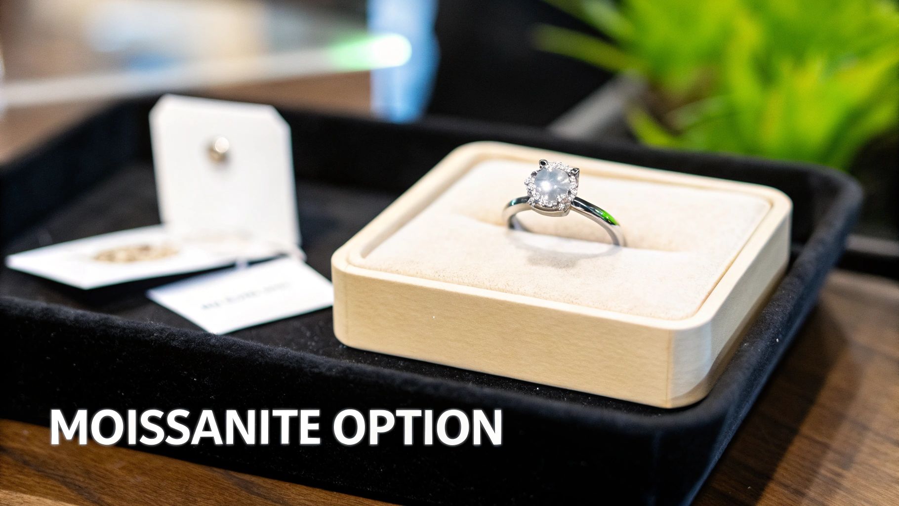 A sparkling moissanite engagement ring with a halo setting displayed in a light box on a black velvet tray.