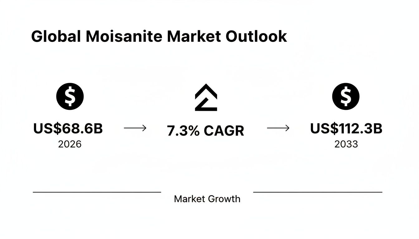 Global moissanite market projected to grow from $68.6B in 2026 to $112.3B by 2033 at 7.3% CAGR.