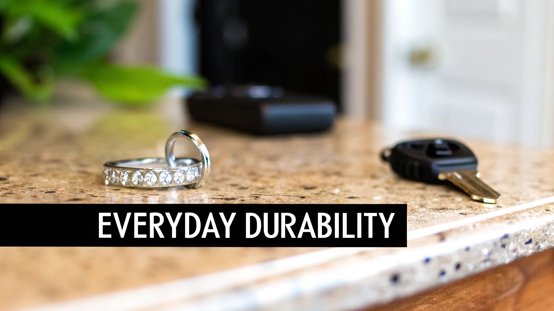 Two elegant silver rings, one sparkling with diamonds, sit beside a car key, emphasizing everyday durability.