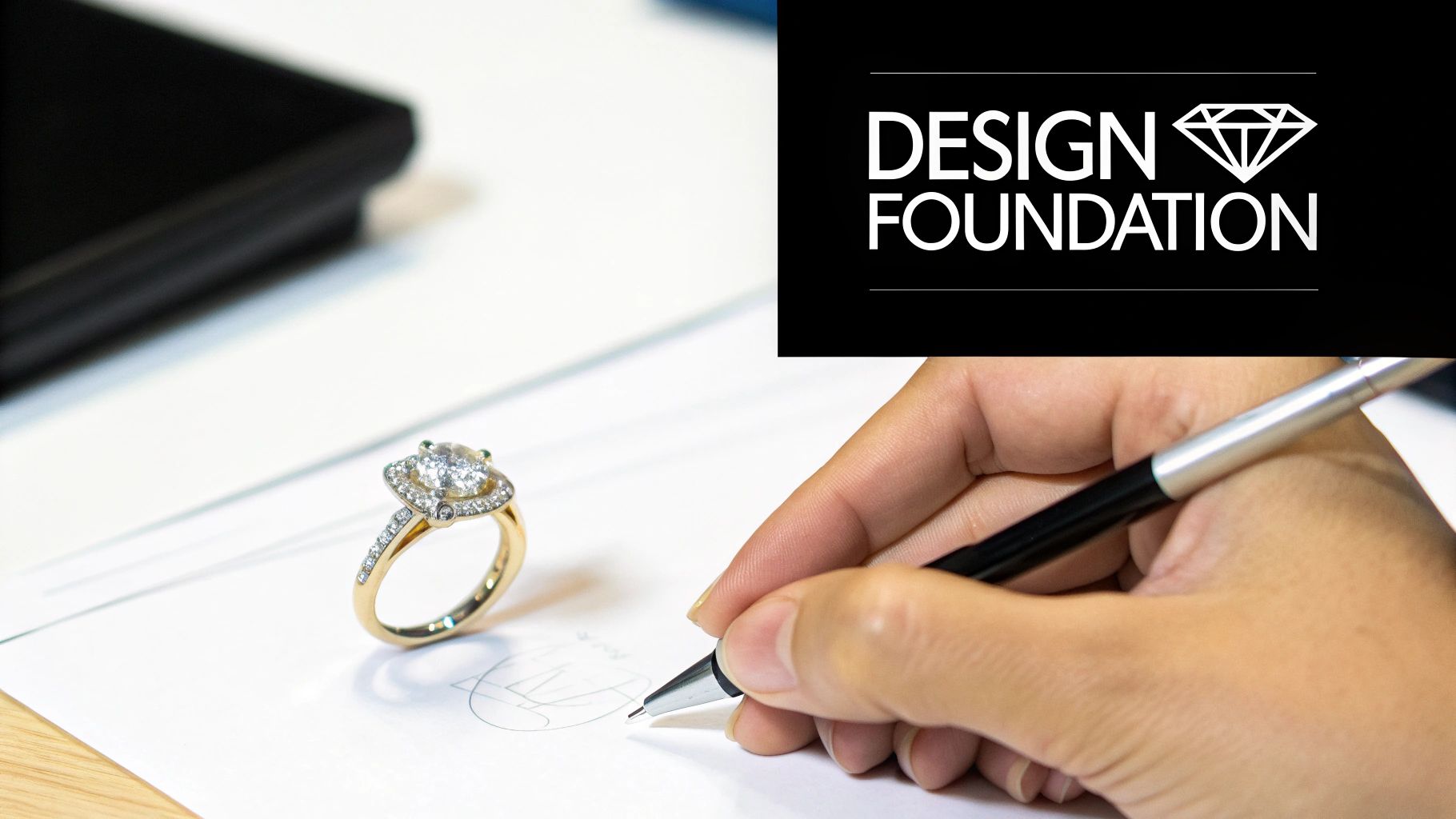 A hand sketches a jewelry design next to a dazzling diamond engagement ring on a white paper.