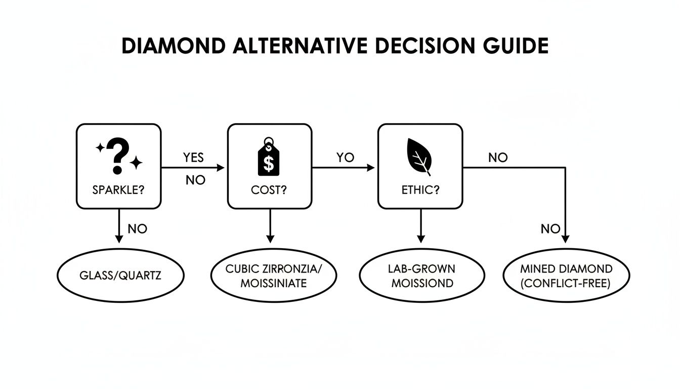 Flowchart guiding selection of diamond alternatives based on sparkle, cost, and ethical concerns.