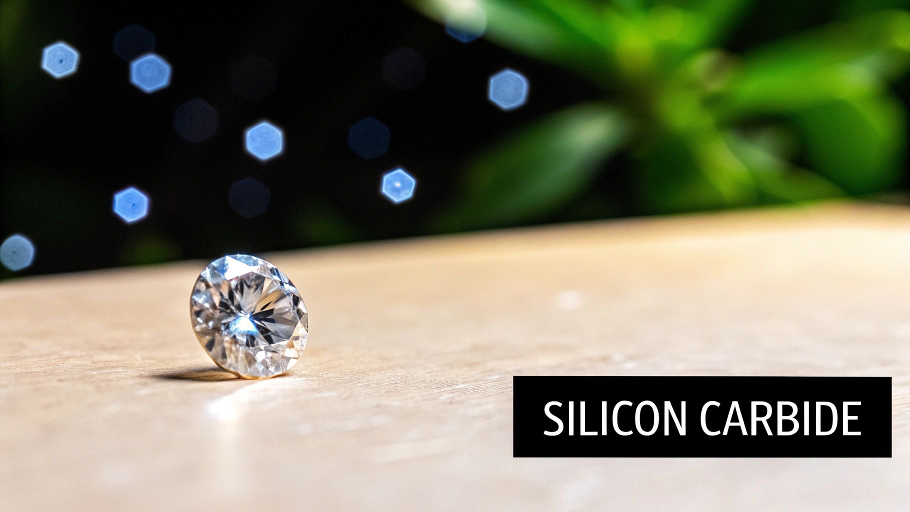 A sparkling moissanite gemstone, made of silicon carbide, rests on a wooden surface with bokeh lights.