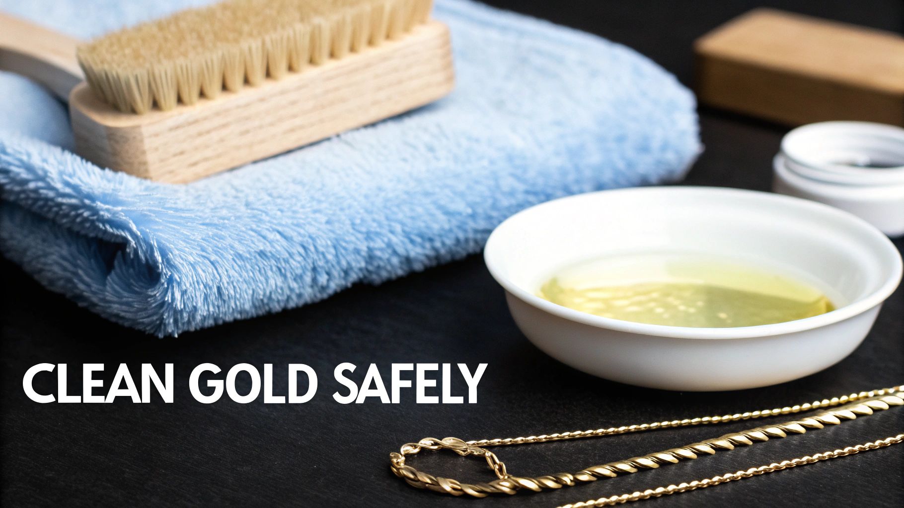Safely cleaning gold jewelry with a brush, blue towel, cleaning solution, and elegant gold chains.