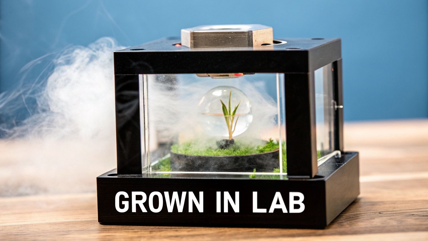 A futuristic lab display box with a small plant growing in a sphere amidst mist and moss, featuring 'GROWN IN LAB' text.