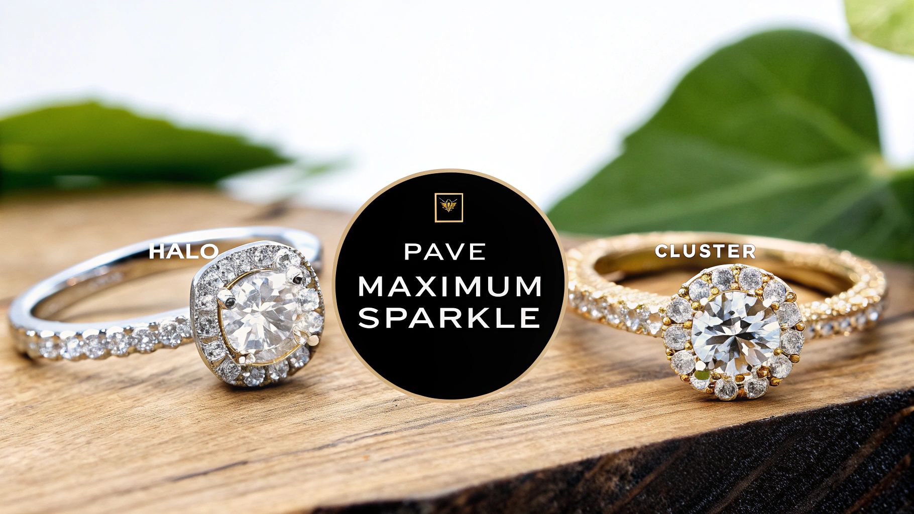 Two sparkling diamond engagement rings, a halo and a cluster, showcasing pave settings for maximum sparkle.