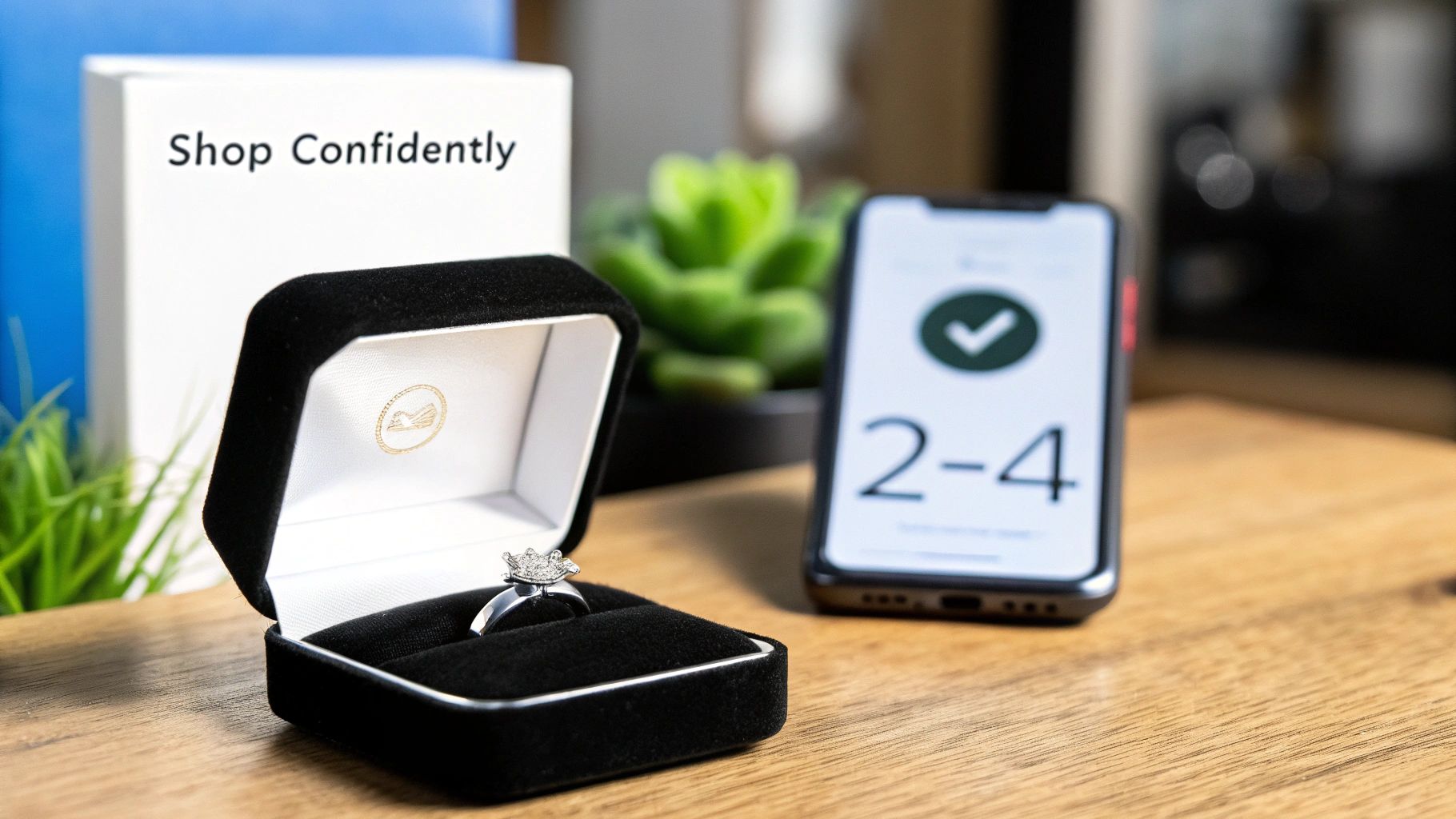 A sparkling diamond ring in an open black box next to a smartphone and a 'Shop Confidently' box on a wooden table.