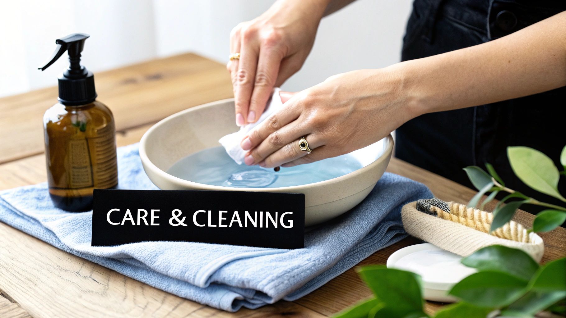 A person is gently cleaning an item with a cloth in a bowl of water, next to cleaning supplies and a 'CARE & CLEANING' sign.