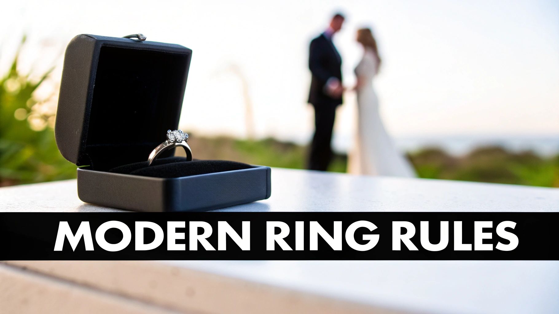 A sparkling diamond engagement ring in a black box, with a blurred couple in the background.