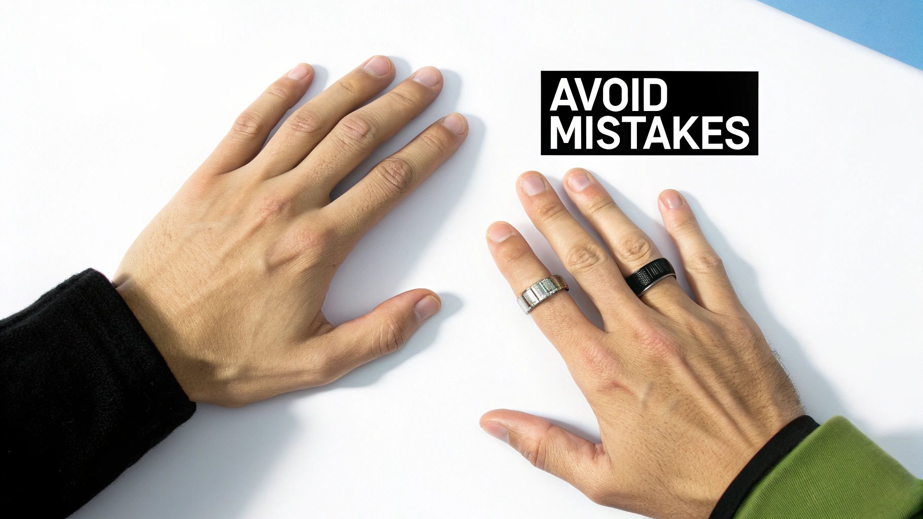 Two hands on a white surface, one wearing two rings, next to a black box with 'AVOID MISTAKES' text.