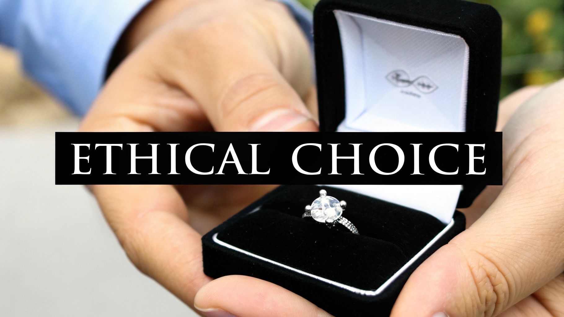 A person holds an open black ring box displaying a sparkling engagement ring, with 'ETHICAL CHOICE' banner.