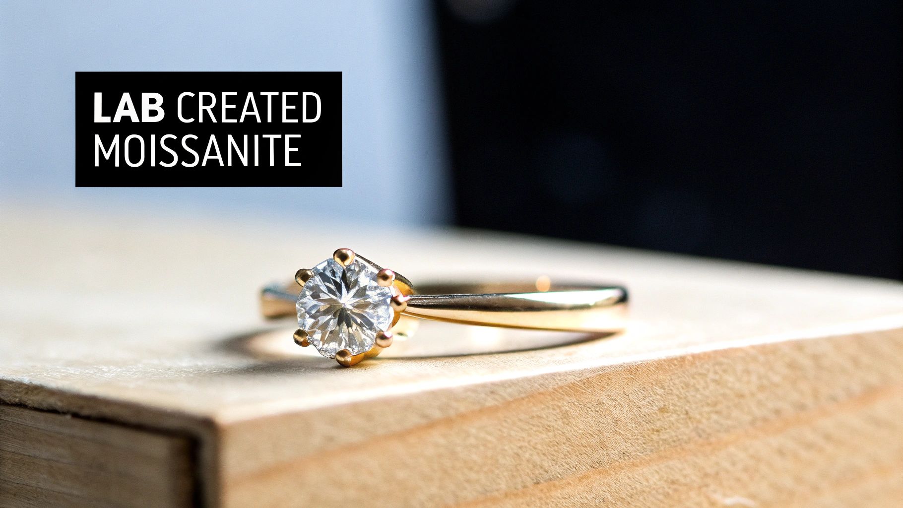 A radiant lab-created moissanite gemstone ring with a gold band, resting on a wooden surface.