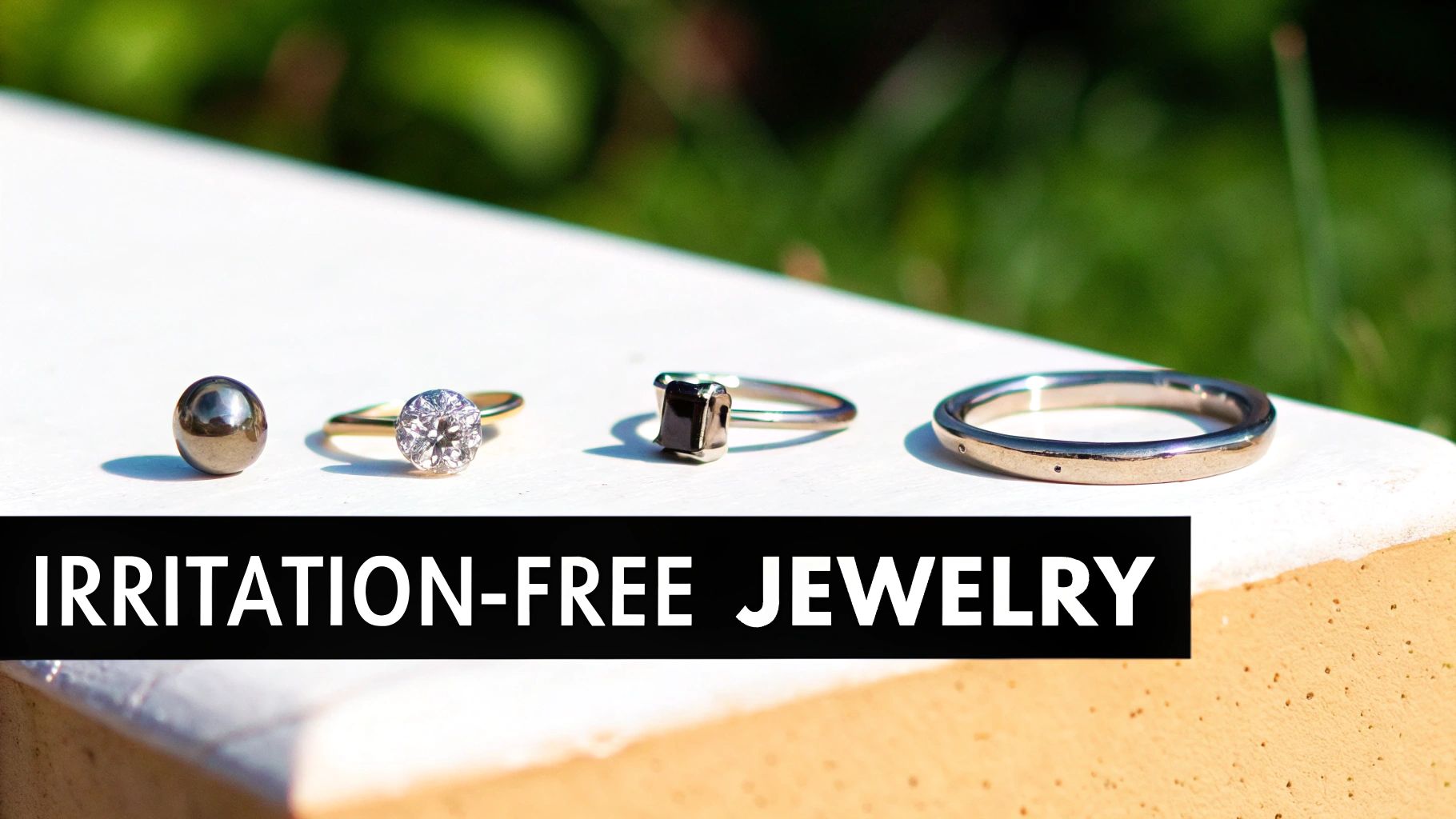 Four pieces of irritation-free jewelry, including rings and a bead, displayed on a white surface with a green background.