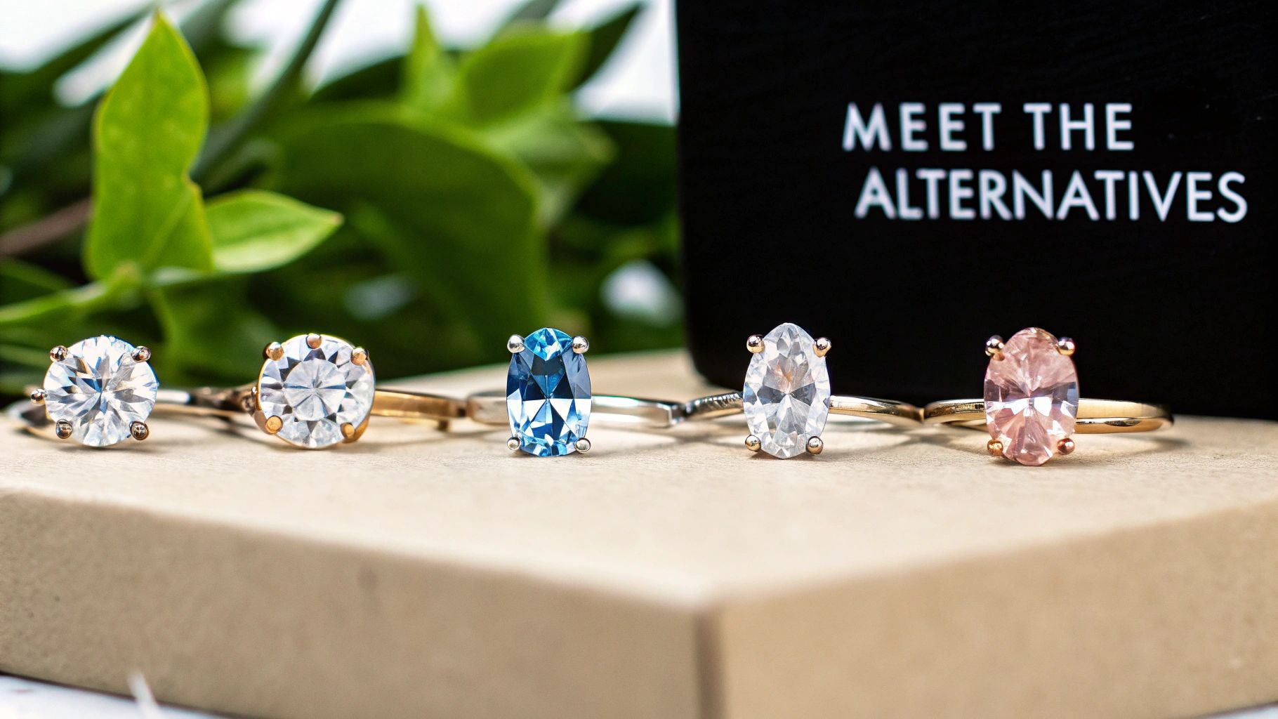 Five unique engagement rings with alternative gemstones in various colors and settings, on display.