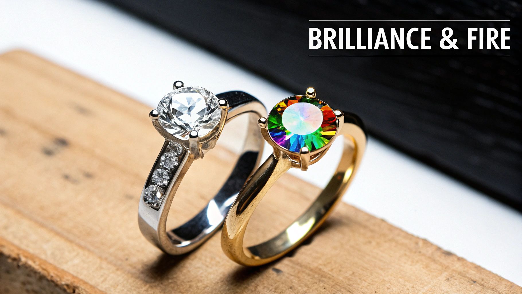 Two beautiful rings on a wooden surface, one with a clear stone, another with a colorful iridescent gem.