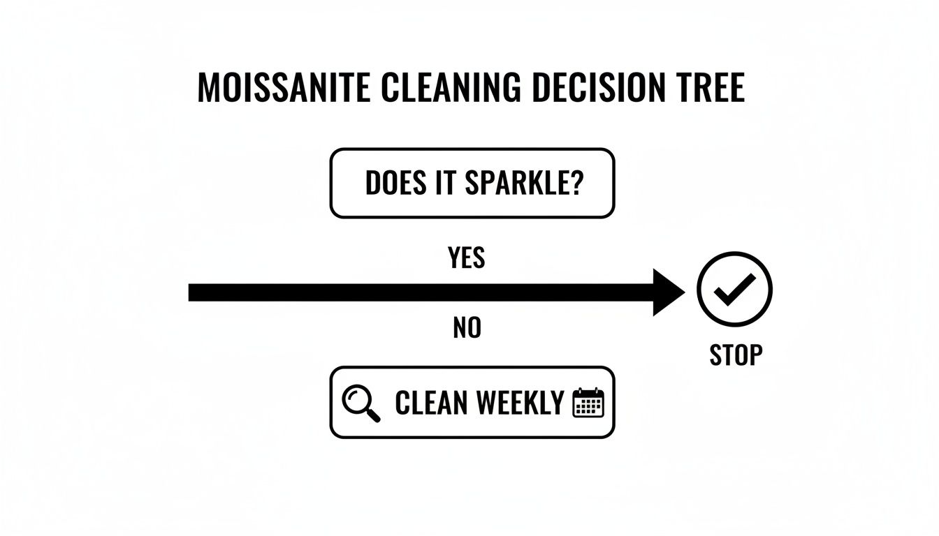 A moissanite cleaning decision tree asking 'Does it sparkle?' if yes, stop; if no, clean weekly.