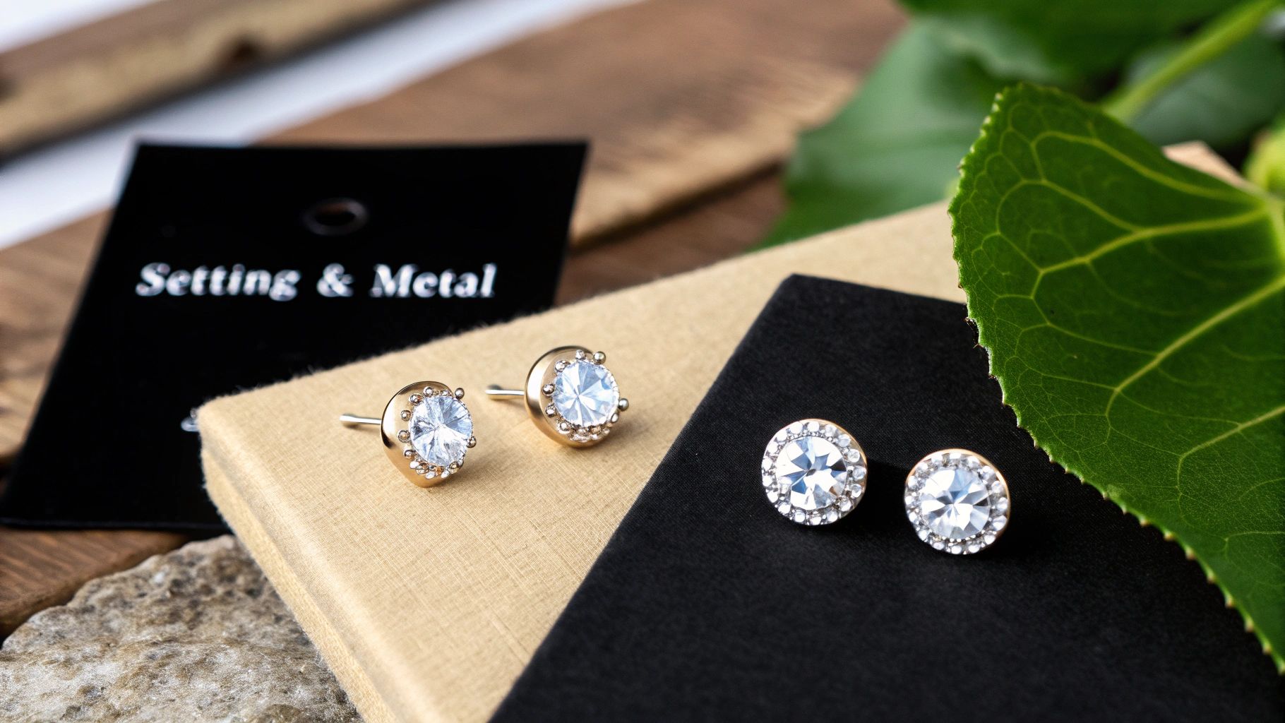 Two pairs of sparkling gold moissanite stud earrings on brown and black surfaces with a green leaf.