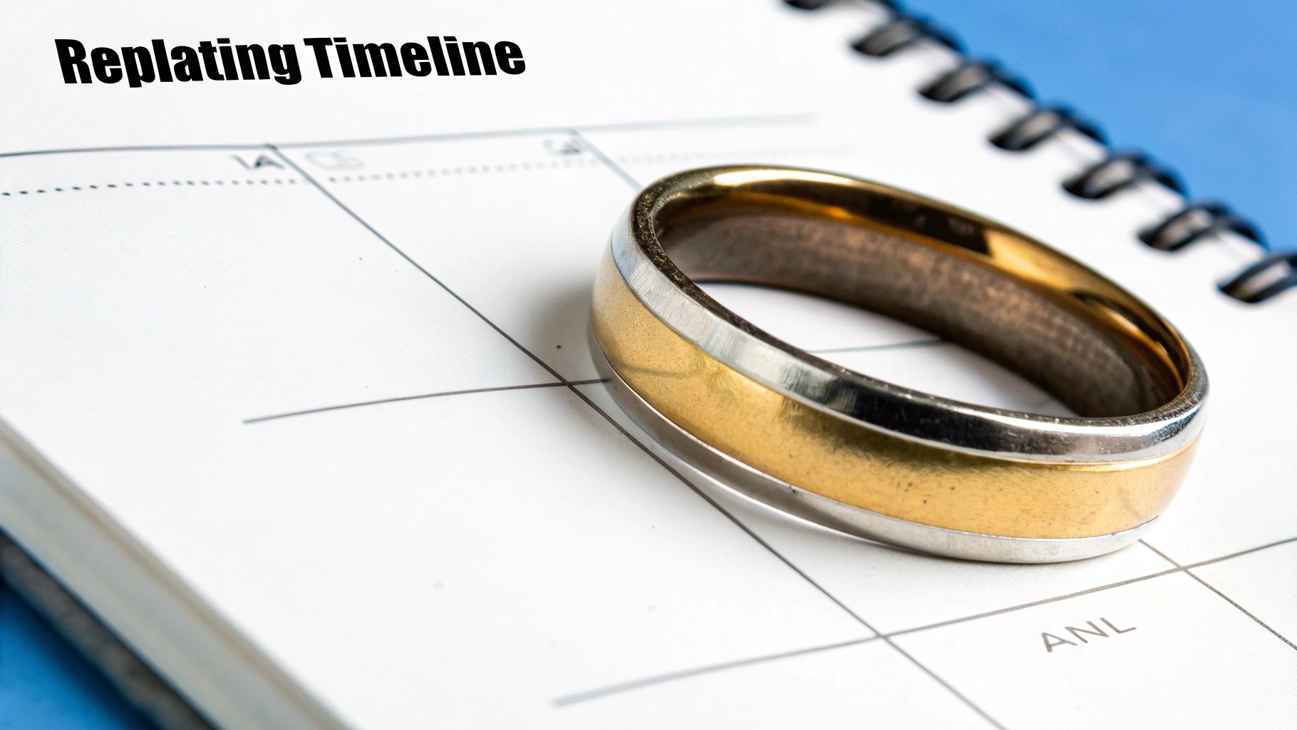 A gold and silver ring rests on a calendar page with 'Replating Timeline' text.