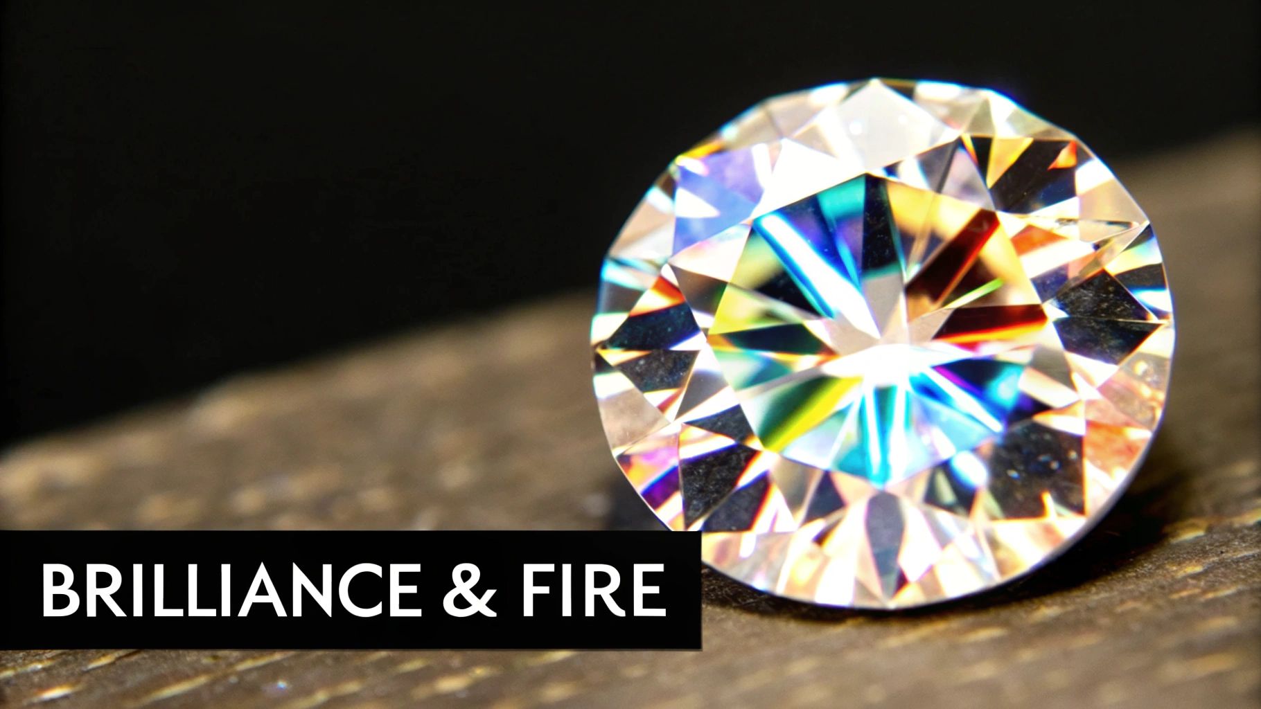 A sparkling, faceted gemstone, likely moissanite, displaying exceptional brilliance and colorful fire.