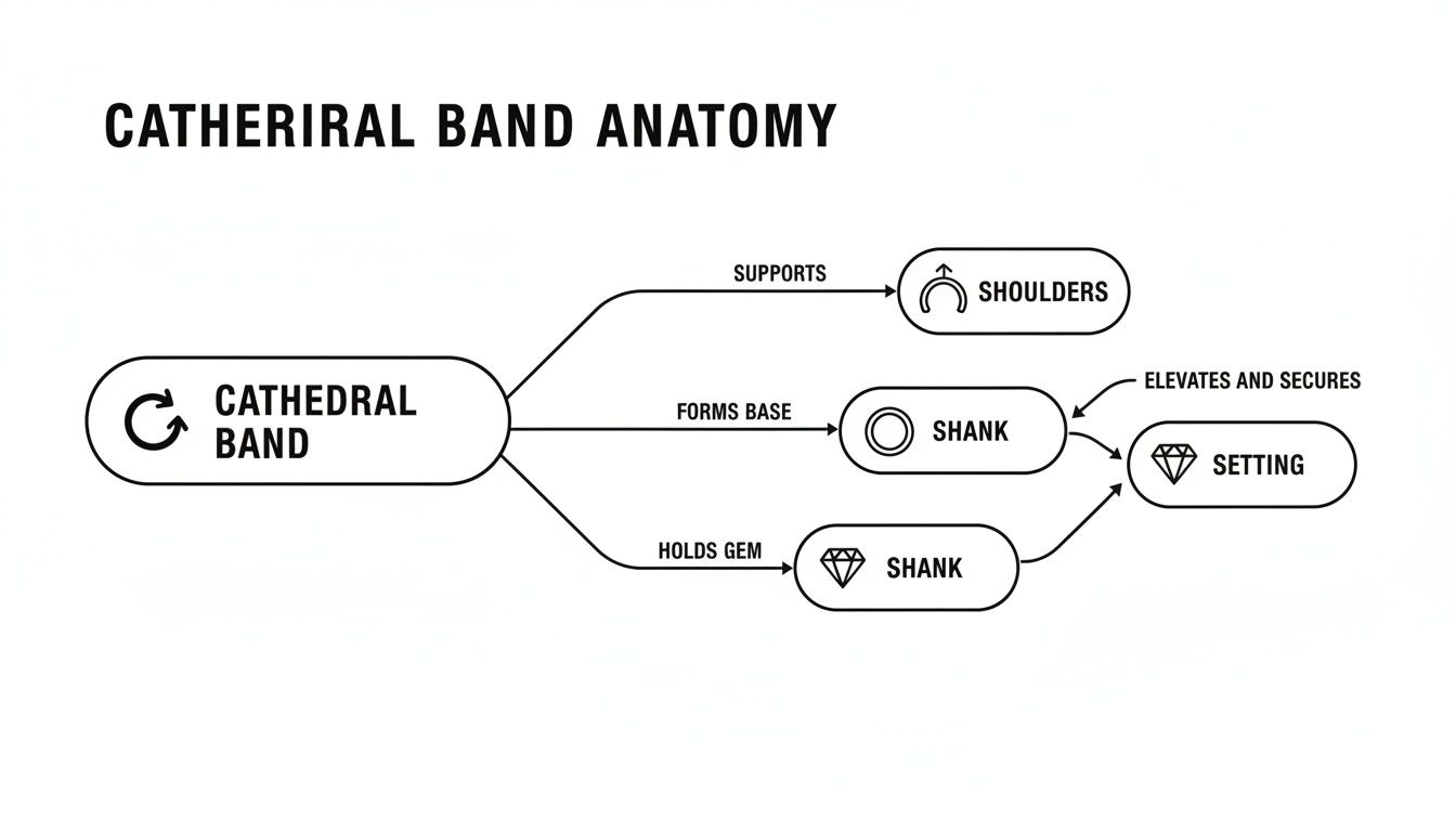 Flowchart detailing Cathedral Band anatomy, showing shoulders, shank, and setting with their functions.